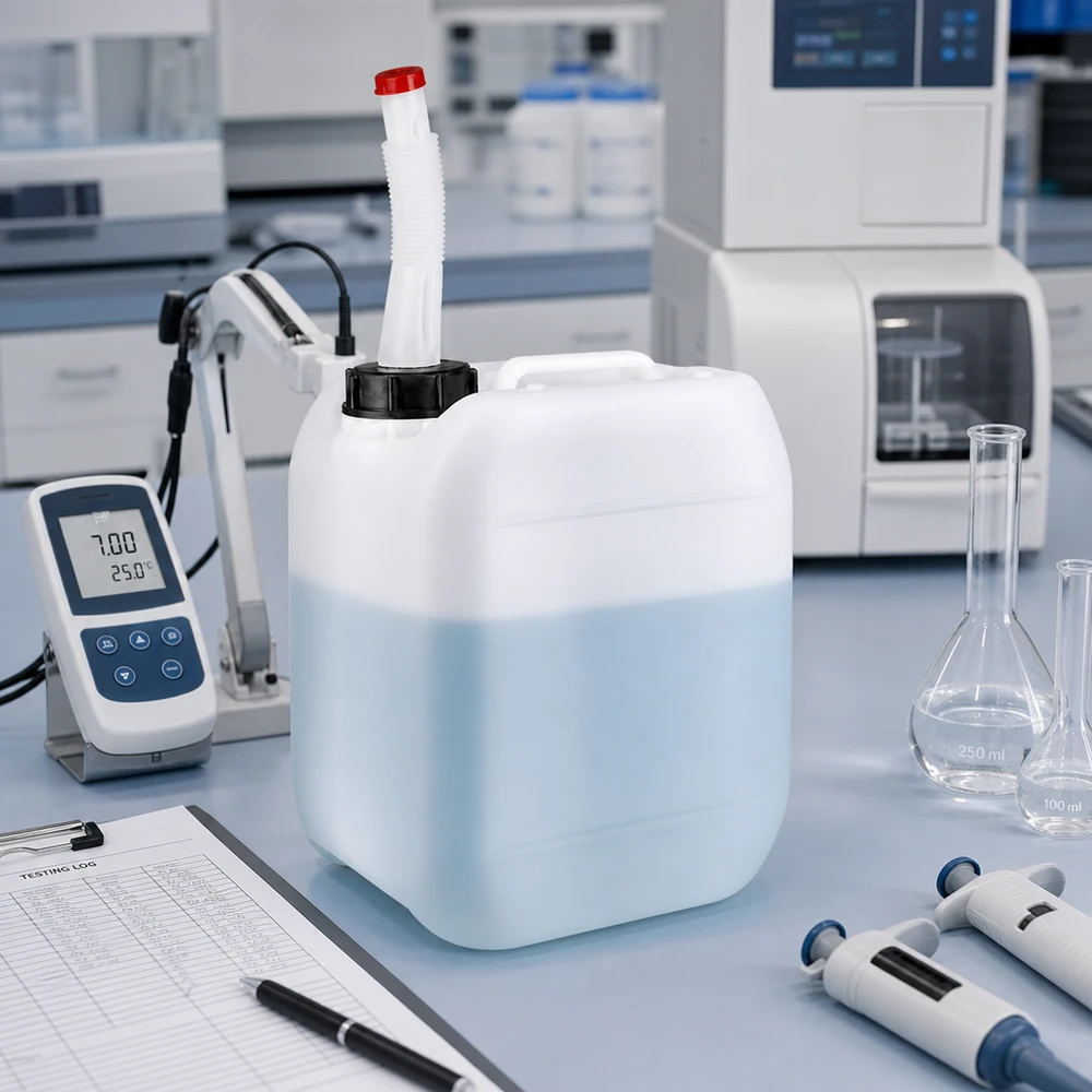 5 liters beholder med Flex-udløbsrør Hvid 5-liters dunk med rødt udløbsrør ved siden af pH-måleren og målekolben i laboratoriet