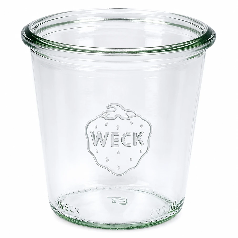 290 ml højt glas med skrå kant, WECK RR80 WECK-glas 290 ml RR80 høj transparent med WECK-logo til konservering og indpakning