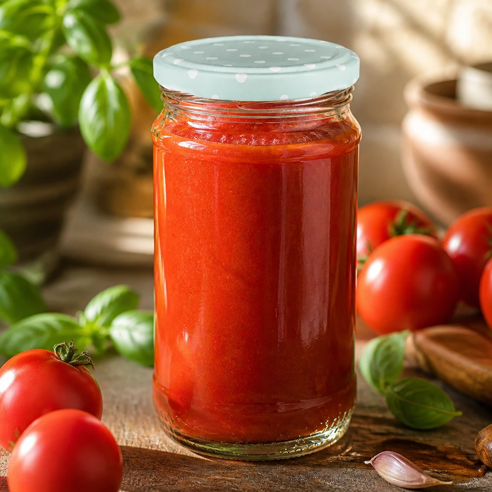 Tomatsauce i et 370 ml UNiTWIST rundt glas med et mintfarvet BasicSeal-låg med prikmønster ved siden af friske tomater