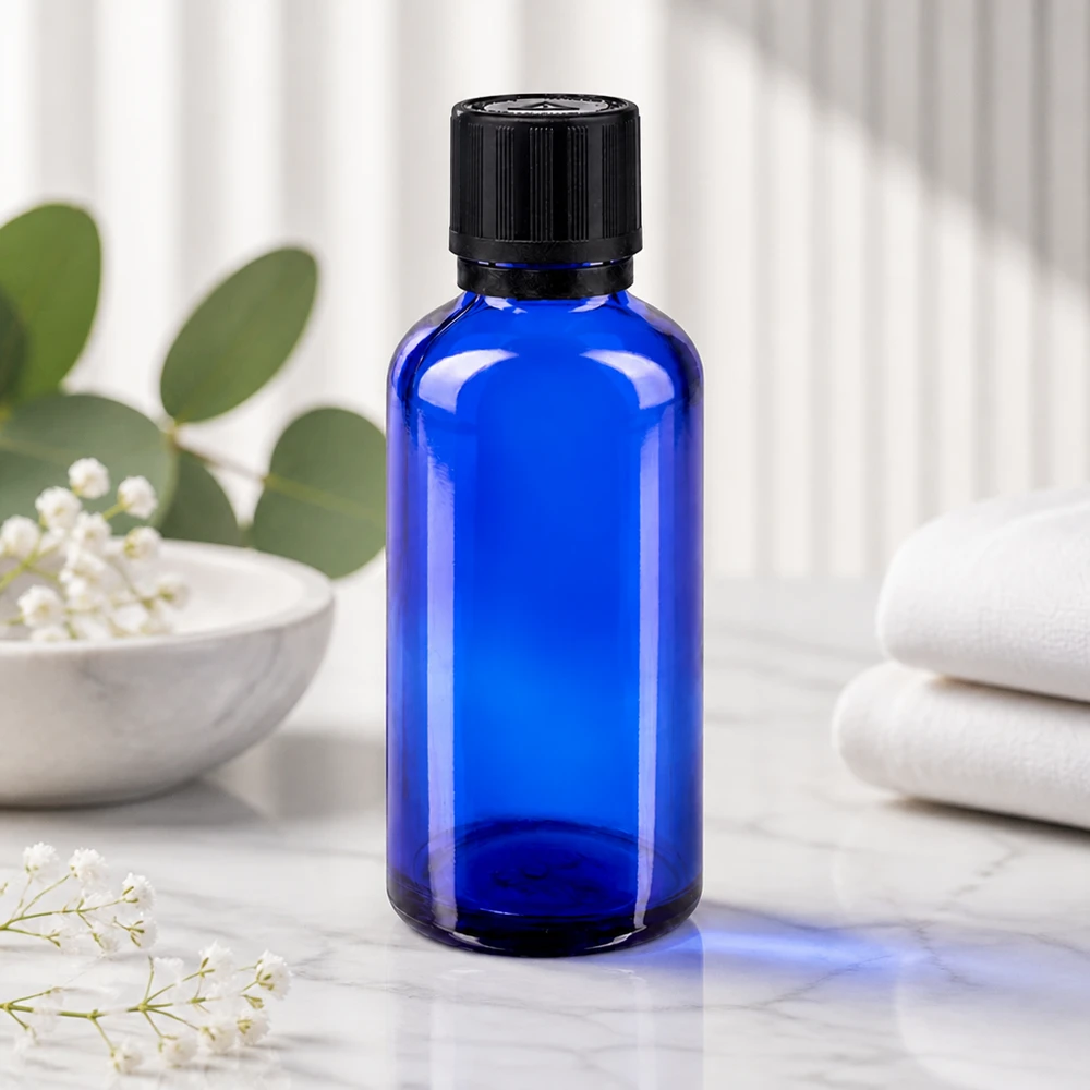 Blå 50 ml glasflaske med riflet skruelåg på en marmoroverflade ved siden af hvide gypsophila-blomster