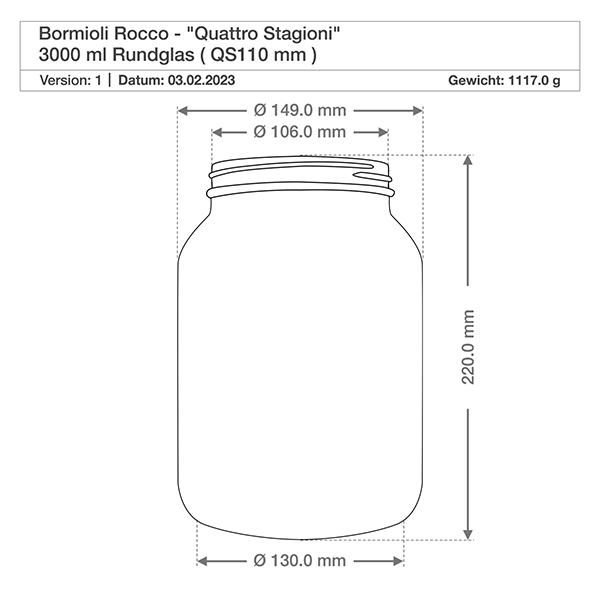 3000 ml rundt glas "Quattro Stagioni" med låg Teknisk tegning 3000ml Quattro Stagioni rundt glas med dimensioner Højde 220mm Diameter 149mm Vægt 1117g