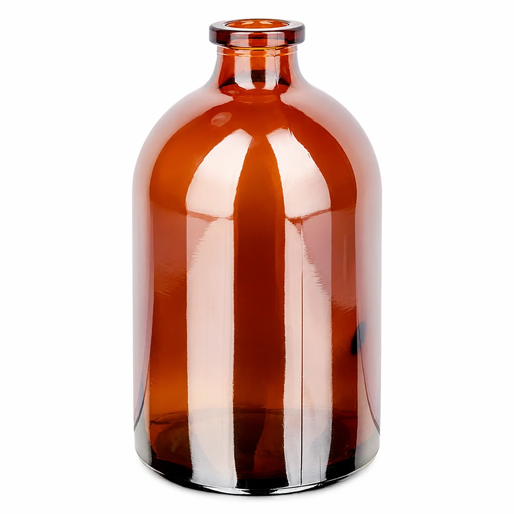 Injektionsflaske af ravfarvet glas 100 ml Medizinische Injektionsflasche 100ml in Braunglas mit glatter Oberfläche und stabilem Flachboden