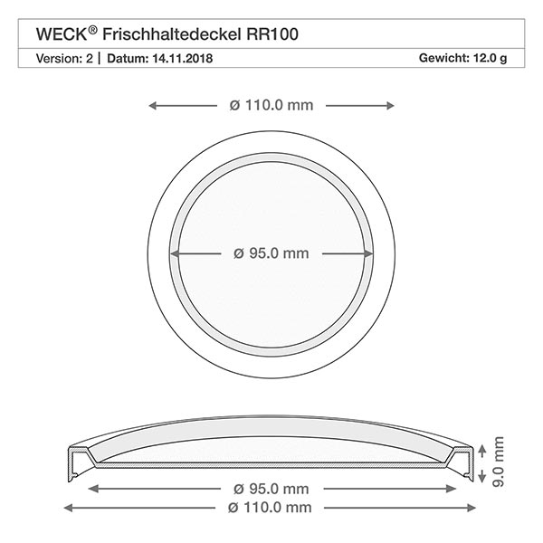 370 ml krukke med friskhedslåg WECK RR100 Teknisk tegning af WECKs låg RR100 med målene 110 mm og 95 mm i diameter til Gugelhupf-krukke