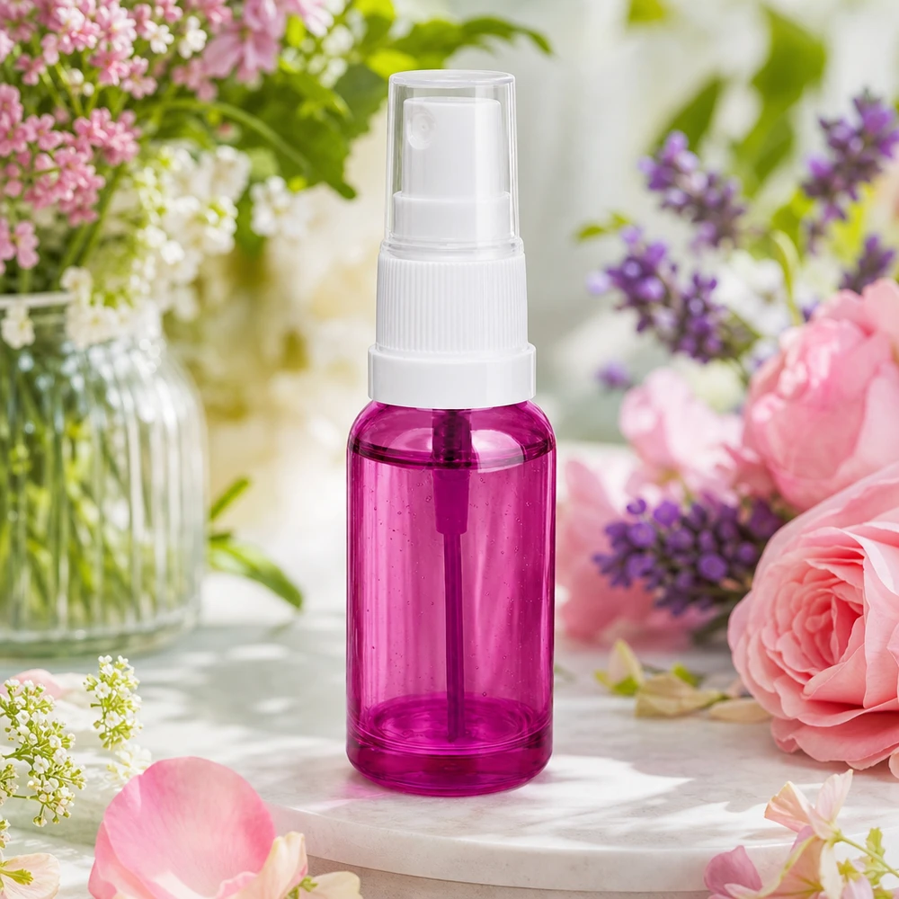 20 ml sprayflaske hvid/transparent Standard PurpleLine UT18/20 20 ml sprayflaske i gennemsigtig plast af høj kvalitet med hvidt sprayhoved i lilla farve