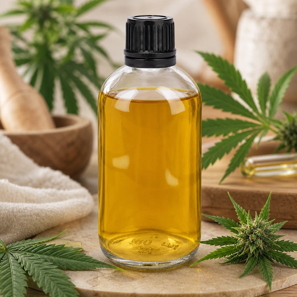 100 ml (kugle)Flas. 3mm GR s. STD ClearL. UT18/100 100 ml flaske af klart glas fyldt med CBD-olie, omgivet af cannabisblade og -blomster