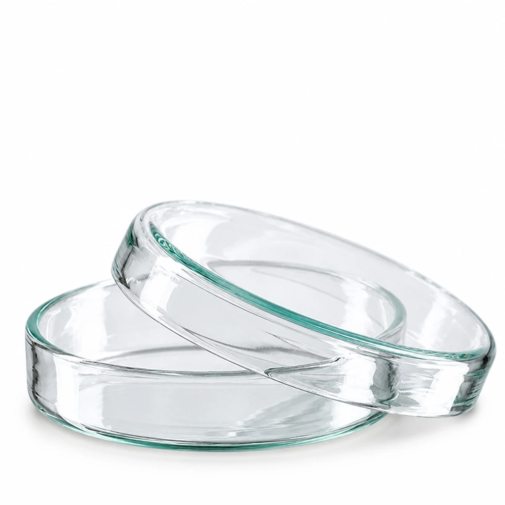 60 mm petriskål af klart laboratorieglas til dyrkning af mikroorganismer og cellekulturer. Højde 15 mm To stablede, gennemsigtige petriskåle af glas, 60 x 15 mm, på hvid baggrund