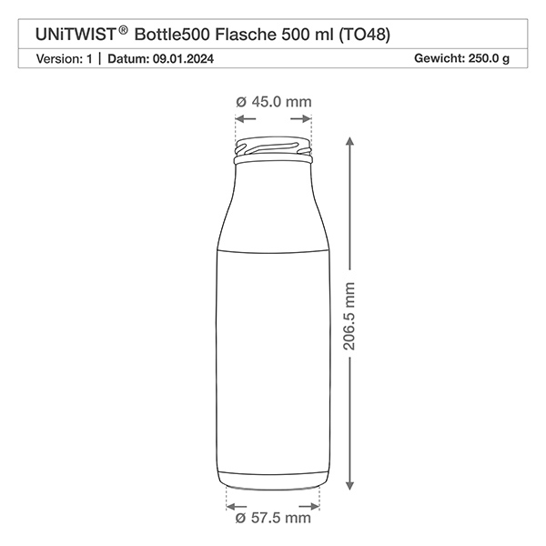500 ml glasflaske uden låg (TO48) UNiTWIST. Absolut lækagesikker med stor åbning. Til mælk, juice og limonade. Kræver TO48-låg Teknisk tegning 500 ml glasflaske TO48 UNiTWIST med mål: 205,5 mm højde, 57,5 mm diameter, 250 g vægt
