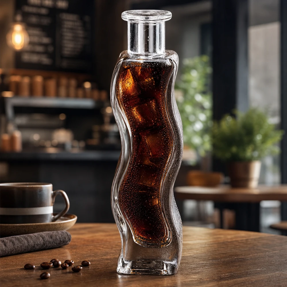 100 ml glasflaske »Melissa« uden lukning UNiTWIST® Melissa 100 ml glasflaske fyldt med cola og isterninger i en moderne café-atmosfære på et træbord