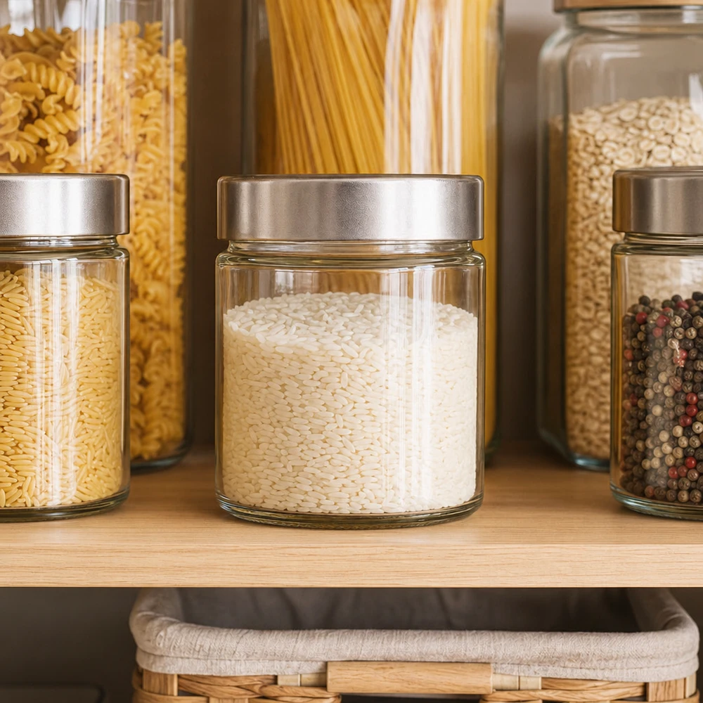 135 ml rund krukke + BasicSeal-låg sølvfarvet dyb UNiTWIST 135 ml rund krukke med sølvlåg til opbevaring af ris pasta peber systematisk køkkenopbevaring
