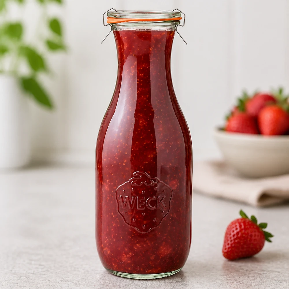 WECK juiceflaske 1062ml RR60 fyldt med jordbærmarmelade viser præget logo og detalje med svingtop