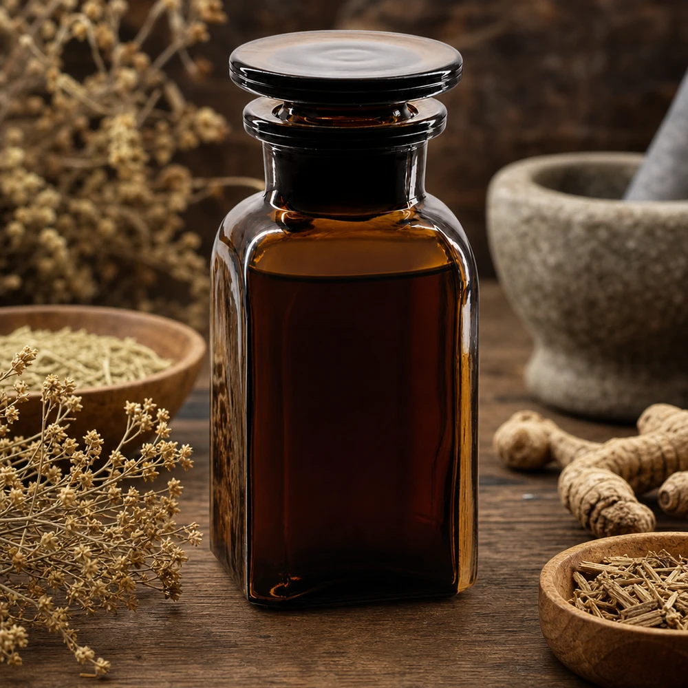 Firkantet flaske 100 ml brun glasprop med bred hals Firkantet flaske, 100 ml, brunt glas med urter og morter – opbevaring til naturmedicin