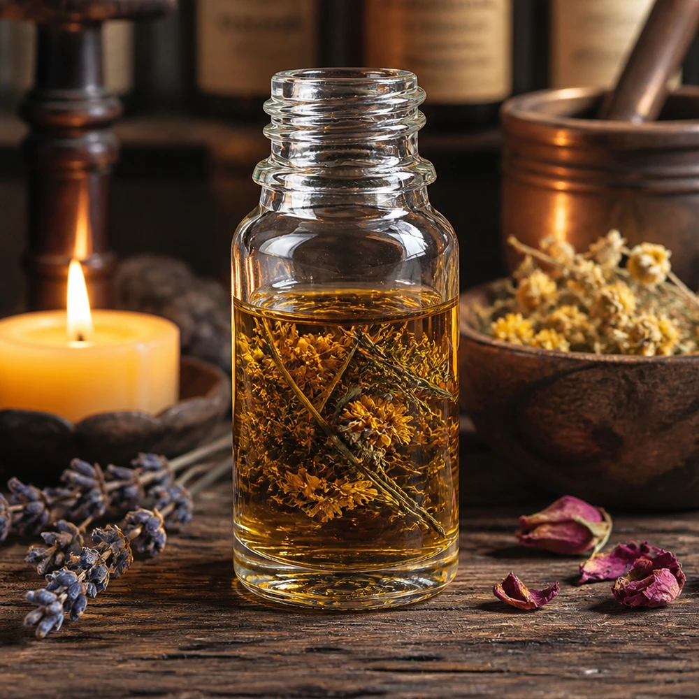10 ml Apoteksflaske ClearLine DIN18 UNiTWIST 10 ml glasflaske med tørrede urter og blomster i gylden urteolie