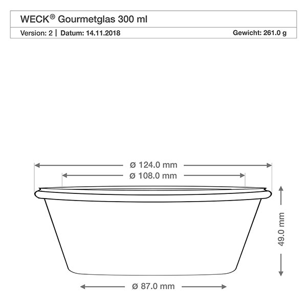 300 ml WECK RR120 gourmetglas Teknisk tegning WECK RR120 gourmetkrukke 300ml med dimensioner diameter 124mm 108mm 87mm højde 49mm