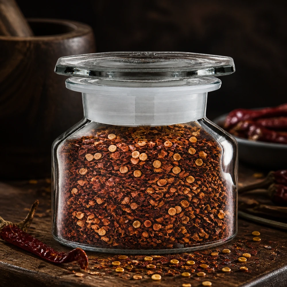 Idé til krydderiglas: 50 ml flaske med stejl hals og bred hals i klart glas Flaske med konisk hals, 50 ml, med chiliflager og chilifrø på et rustikt træbræt