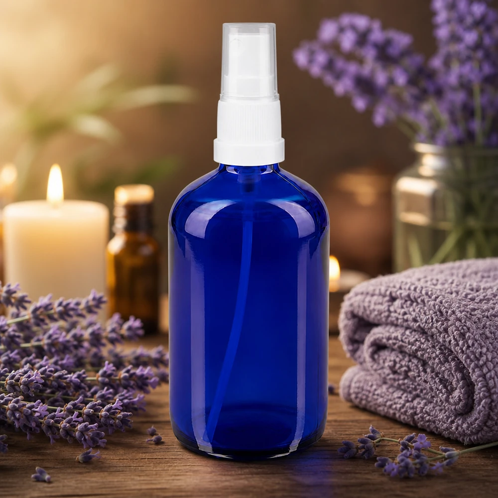 Rund 100 ml sprayflaske af blåt apotekerglas med STD-pumpe i hvid til aromaterapi og lavendelolie