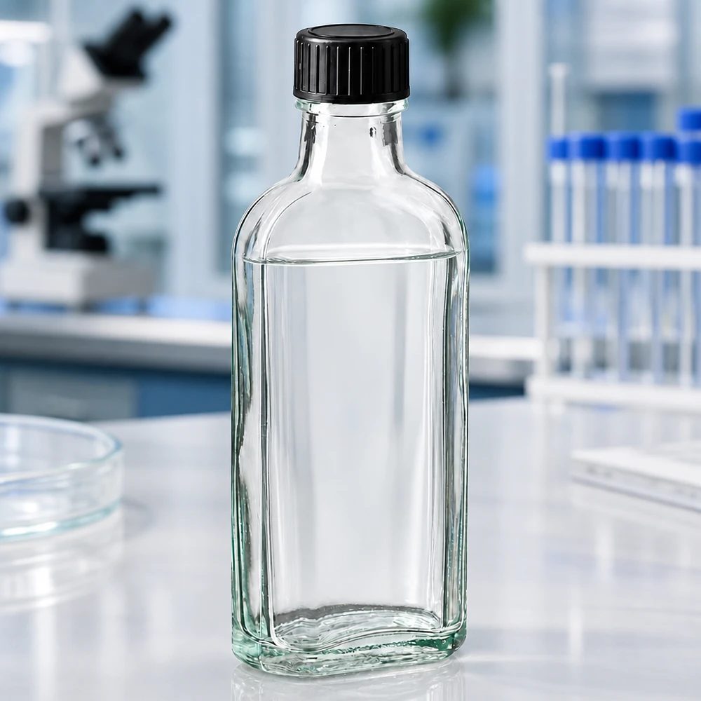 100 ml Meplat klar skruelåg med EPE-forseglingsskive Rektangulær, klar 100 ml glasflaske med sort skruelåg foran et mikroskop i laboratoriet