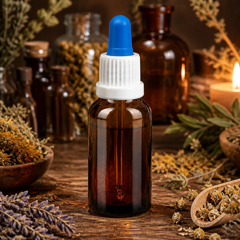 20 ml pipetteflaske hvid/blå OV BrownLine UT18/20 Kompakt 20 ml dråbeflaske af UV-beskyttende ravfarvet glas med praktisk pipettehætte