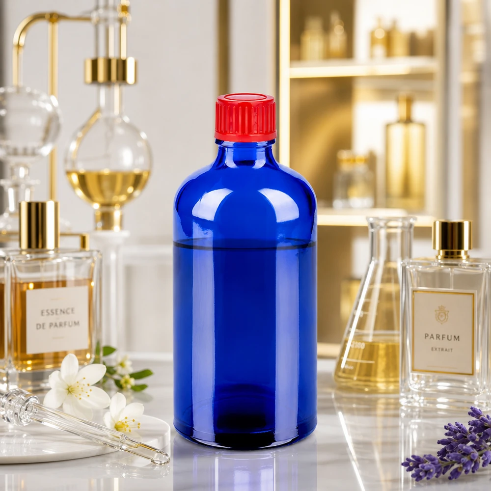 100 ml flaske 11 mm SV rød STD BlueLine UT18/100 100 ml flaske af høj kvalitet lavet af koboltblåt glas med præcist 11 mm skruegevind STD BlueLine