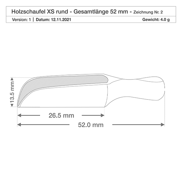 Træspade størrelse XS halvcirkelformet 5,2 cm lang Detailzeichnung der kompakten Holzschaufel XS mit 3,5mm Tiefe - ideal für Gewürzdosierung in der Küche