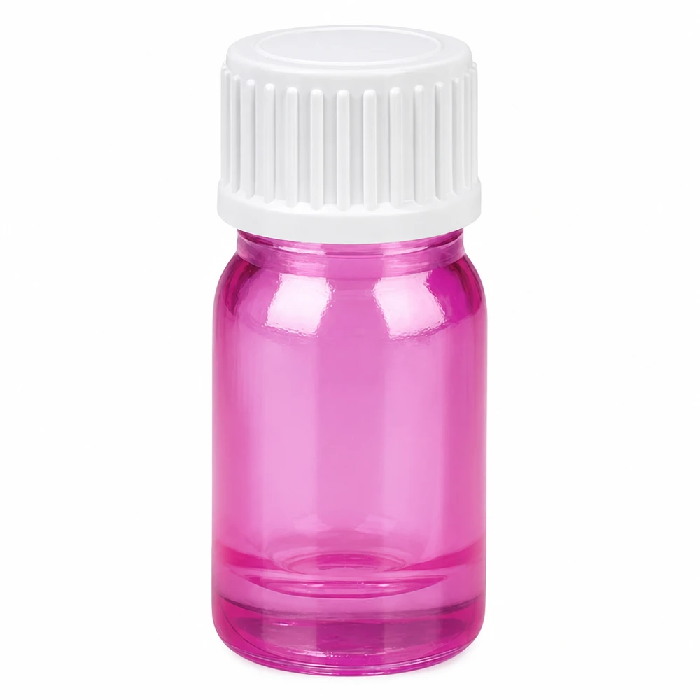 5 ml (kugle) flaske 3 mm hældering hvid standard PurpleLine UT18/5 5 ml glasflaske i transparent pink med hvidt skruelåg til æteriske olier og kosmetik