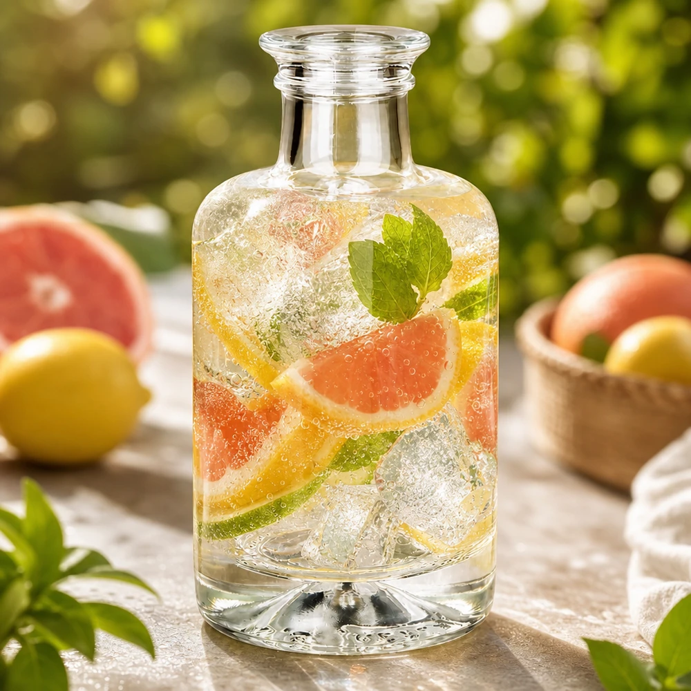 100 ml apoteksflaske »Sofia« uden lukning UNiTWIST® 100 ml Sofia-glasflaske fyldt med infuseret vand grapefrugt mynte og is udendørs atmosfære med citrusfrugter