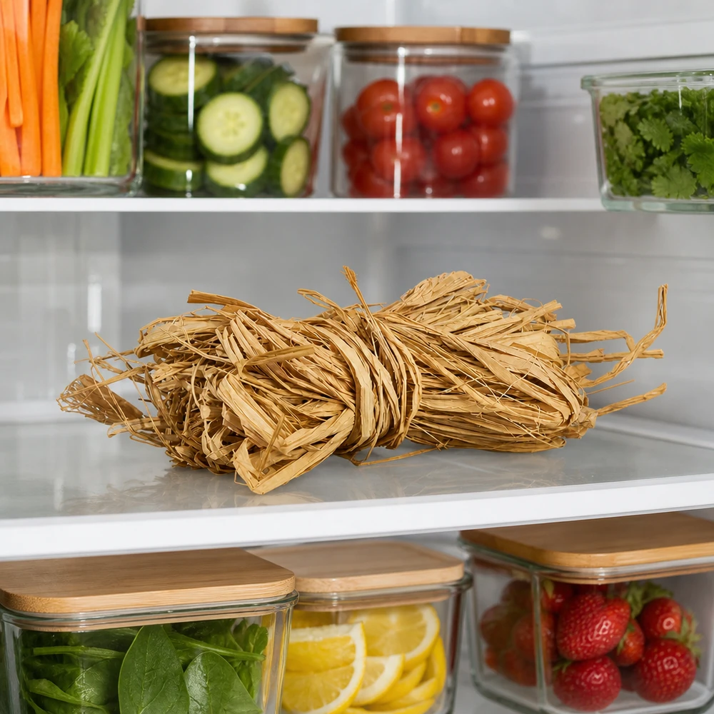 Naturbast til dekoration, 30 g Naturraffia 30 g gyldenbeige opbevaret i køleskabet ved siden af grøntsager viser praktisk opbevaring af hobbymaterialer