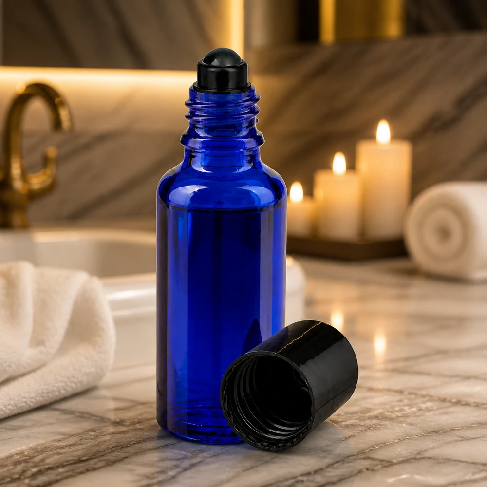 Apoteksflaske blå 30 ml roll-on-hætte sort Koboltblå 30 ml roll-on-flaske af apotekerglas med sort rullekugle