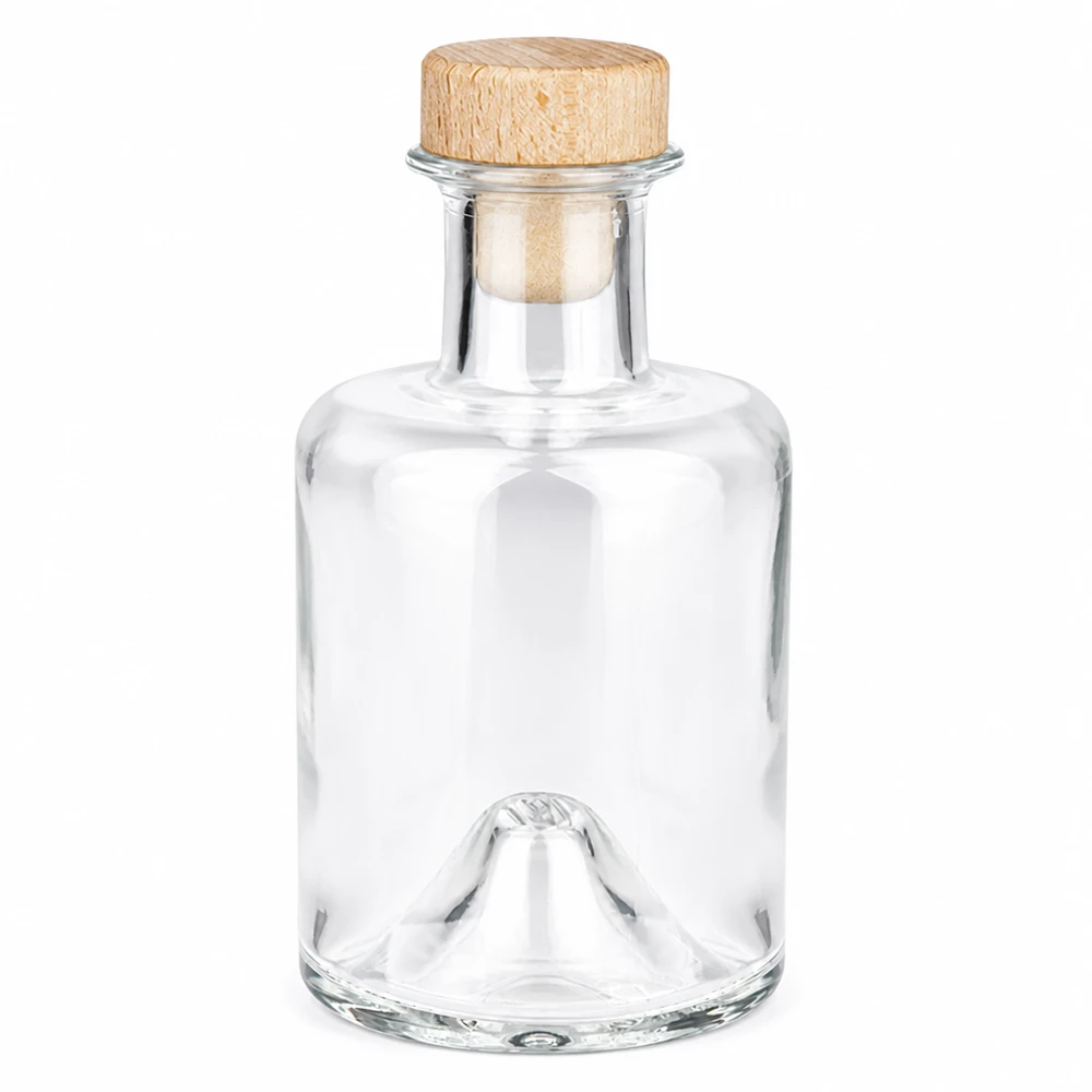 200 ml apoteksflaske »Sofia« med træhåndtag og prop UNiTWIST® 200 ml glasflaske Sofia med træhåndtag kork UNiTWIST transparent tom Produktfoto på hvid baggrund