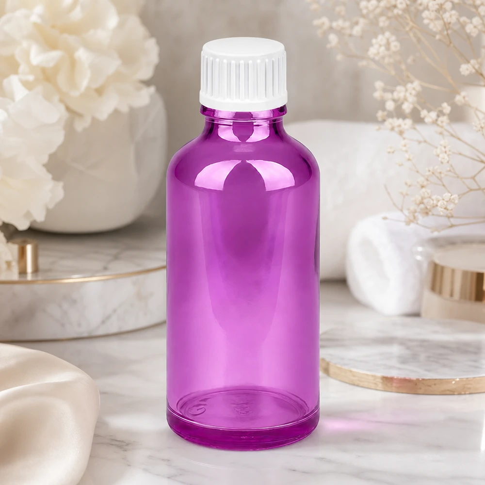 50 ml dråbeflaske 0,9 mm hvid standard PurpleLine. UT18/50 50 ml dråbeflaske med 0,9 mm præcisionsåbning i lilla til nøjagtig dråbedosering