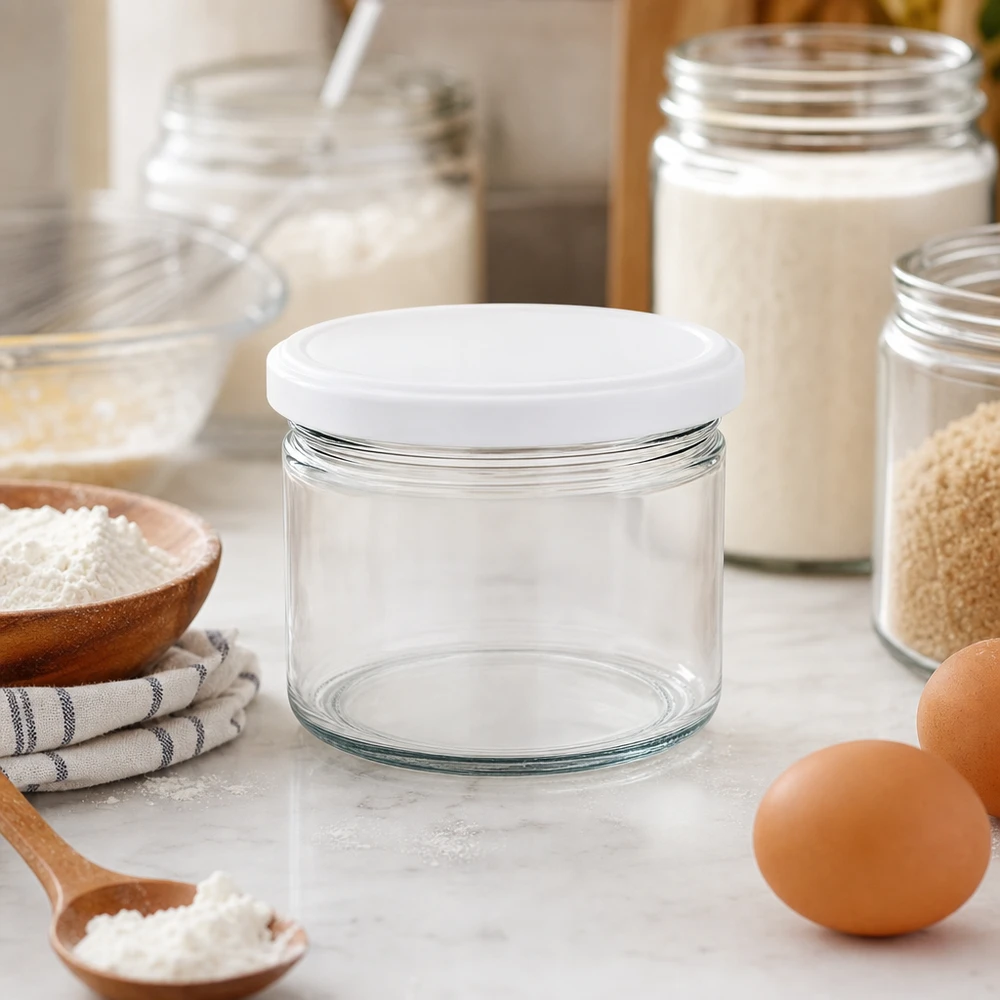 540 ml rund krukke med BasicSeal-låg hvid UNiTWIST 540ml Rundglas BasicSeal weiß in stylischer Küche mit Backzutaten - elegantes Vorratsglas für Mehl und Backen