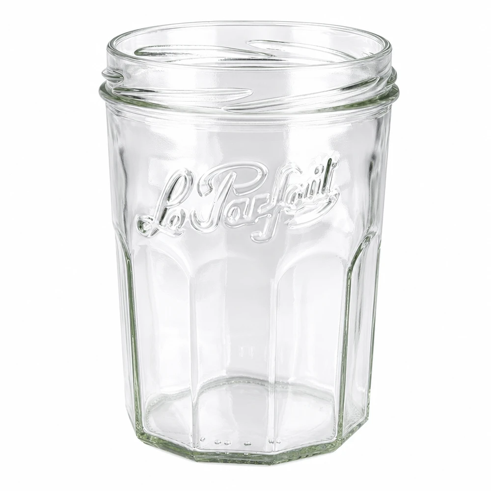 Le Parfait® Jam 385 ml Ø82 mm syltetøjsglas Le Parfait syltekrukke 385 ml uden låg viser elegant rillet struktur og mærkeprægning til marmelade