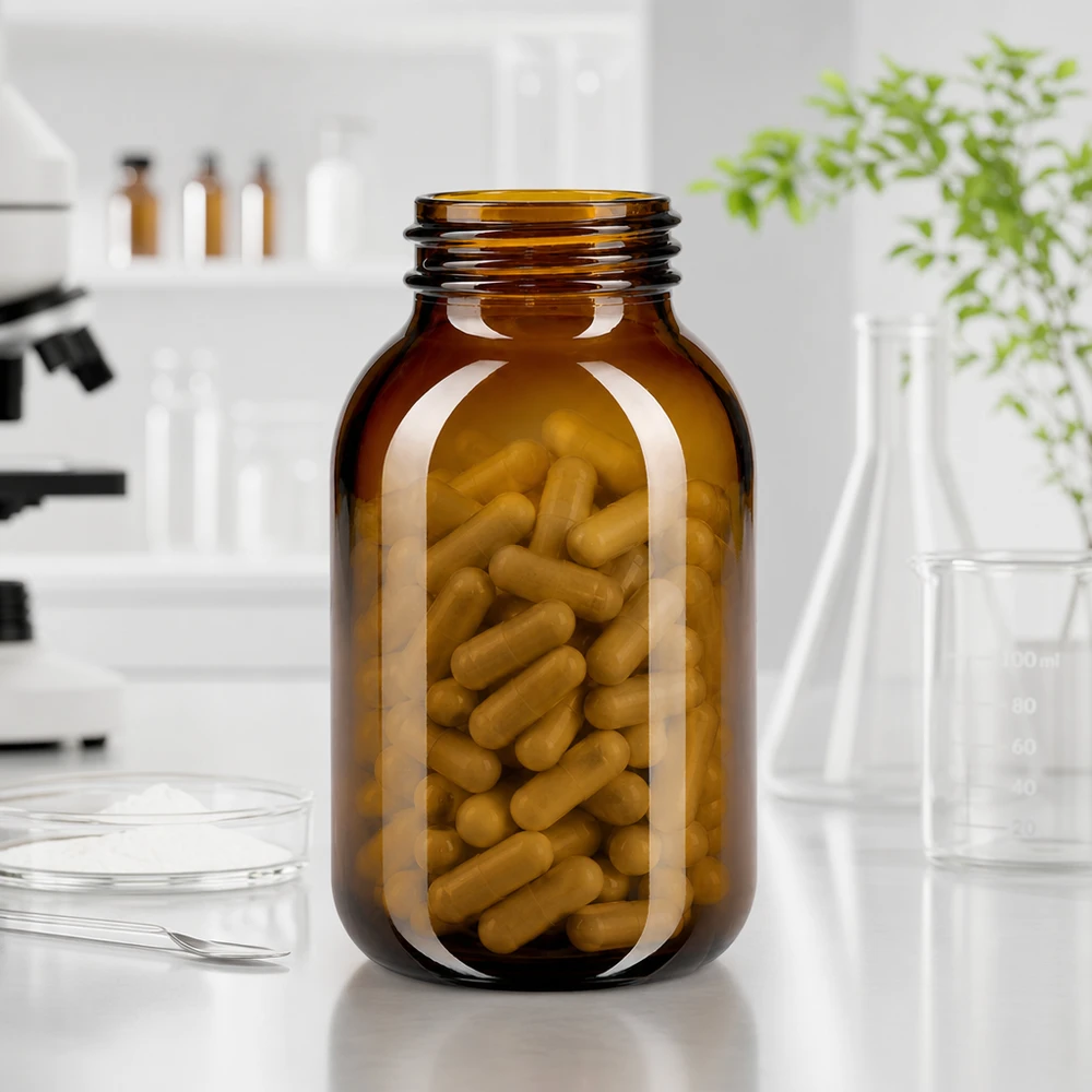 500 ml flaske med bred hals, ravfarvet glas 500 ml bredhalset flaske af høj kvalitet lavet af UV-beskyttende ravfarvet glas til optimal opbevaring