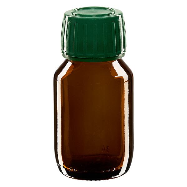 50 ml medicinflaske brun, hætte grøn med manipulationssikker ring ApoGlas. Farmaceutisk kvalitet fra EU-produktion. 28 mm (PP28) gevind. (sirup, lys glasflaske) 50 ml medicinflaske brun, hætte grøn med manipulationssikker ring ApoGlas. Farmaceutisk kvalitet fra EU-produktion. 28 mm (PP28) gevind. (sirup, lys glasflaske)