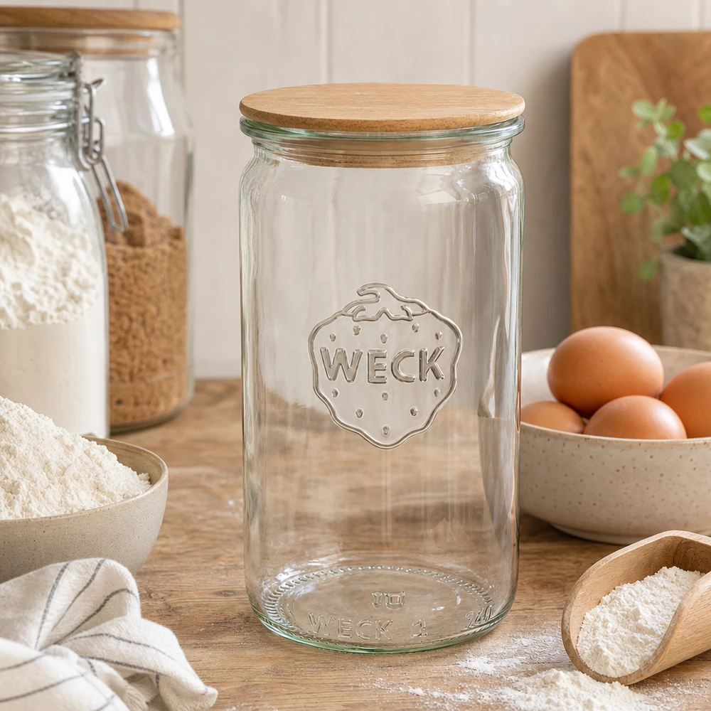 340 ml cylinderglas WECK RR60 med trælåg WECK cylinderkrukke 340ml RR60 trælåg i køkken med melæg og opbevaringskrukker som bagetilbehør opbevaring