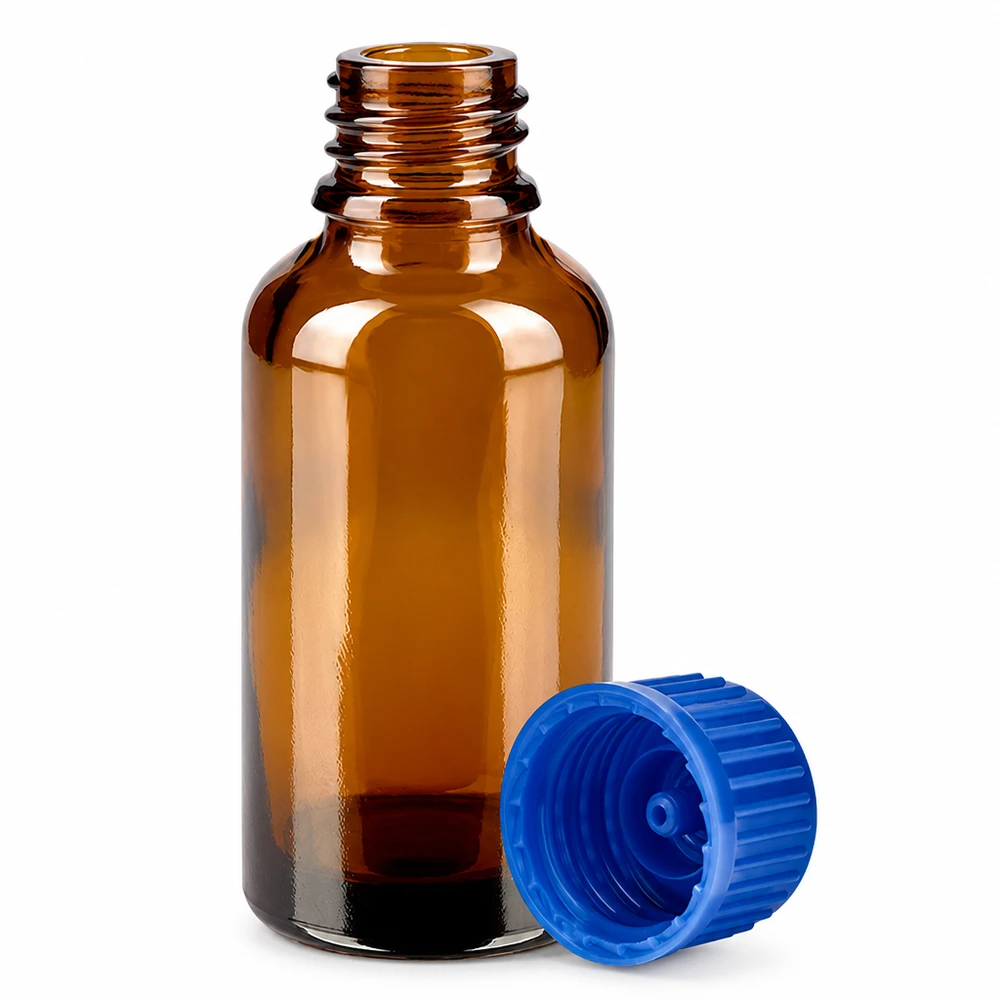 30 ml flaske 11 mm SV blå STD BrownLine UT18/30 Lille 30 ml ravfarvet glasflaske med UV-beskyttelse og blå hætte til laboratoriebrug