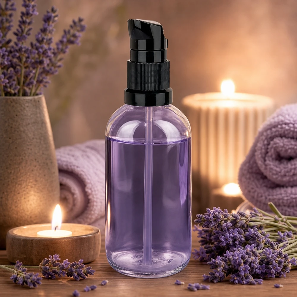 100 ml pumpeflaske sort STD ClearLine UT18/100 ClearLine UT18 100 ml doseringsflaske med sort pumpe og lavendelfarvet indhold – spa- og wellness-stemning