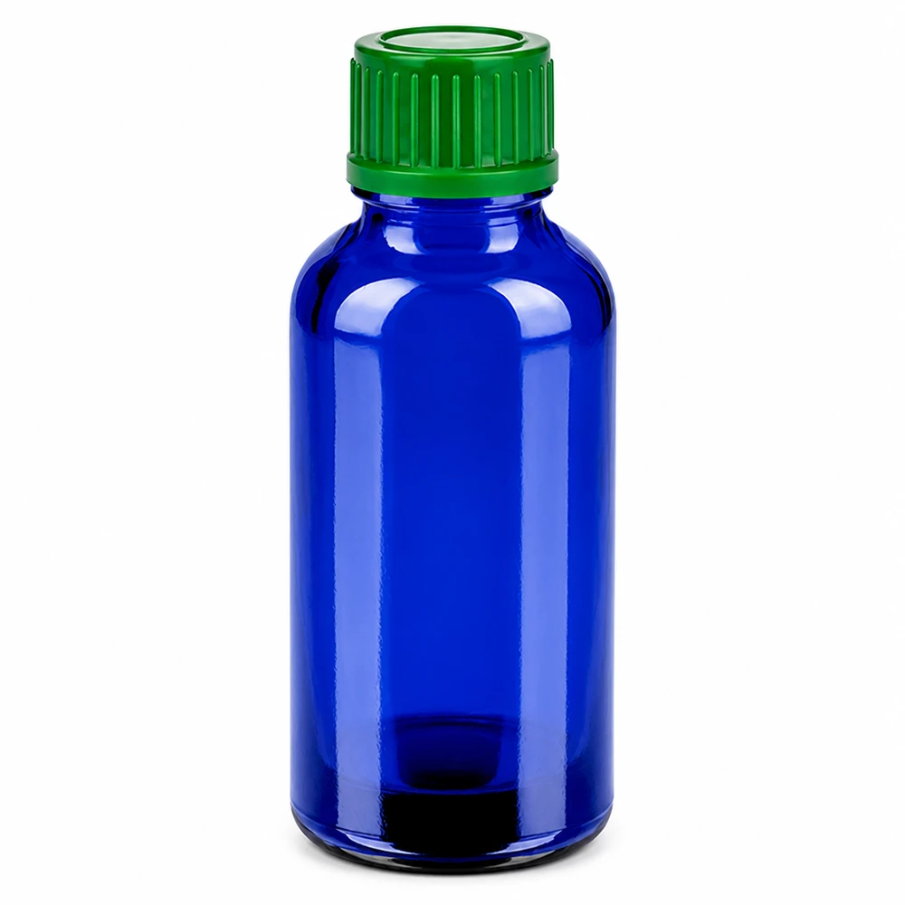 Blå glasflaske 30 ml med grønt skruelåg til æteriske olier og medicin