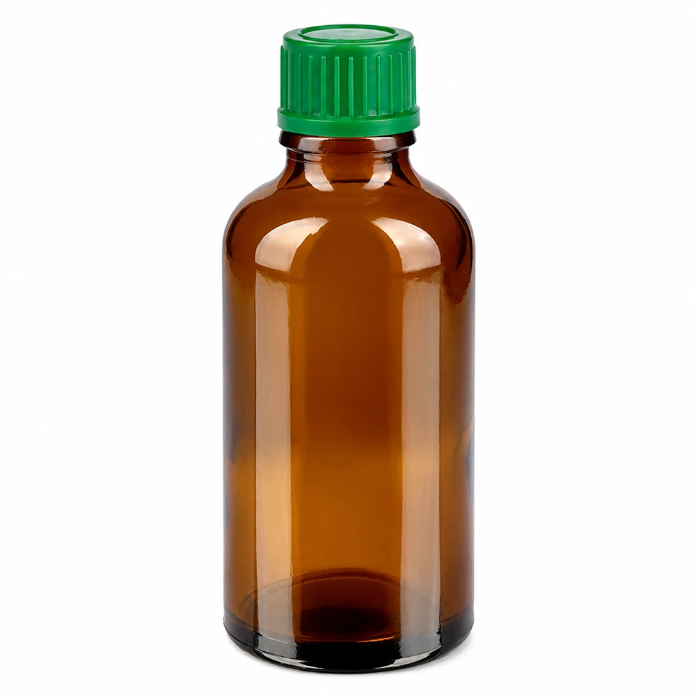 50 ml flaske 11 mm SV grøn STD BrownLine UT18/50 50 ml ravfarvet glasflaske med grønt skruelåg til medicin og kosmetik