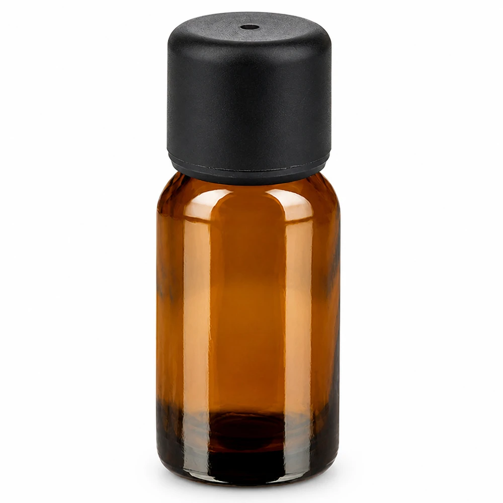 10 ml flaske 6 mm SV sort STD BrownLine UT18/10 10 ml ravfarvet glasflaske med sort hætte til æteriske olier og kosmetik