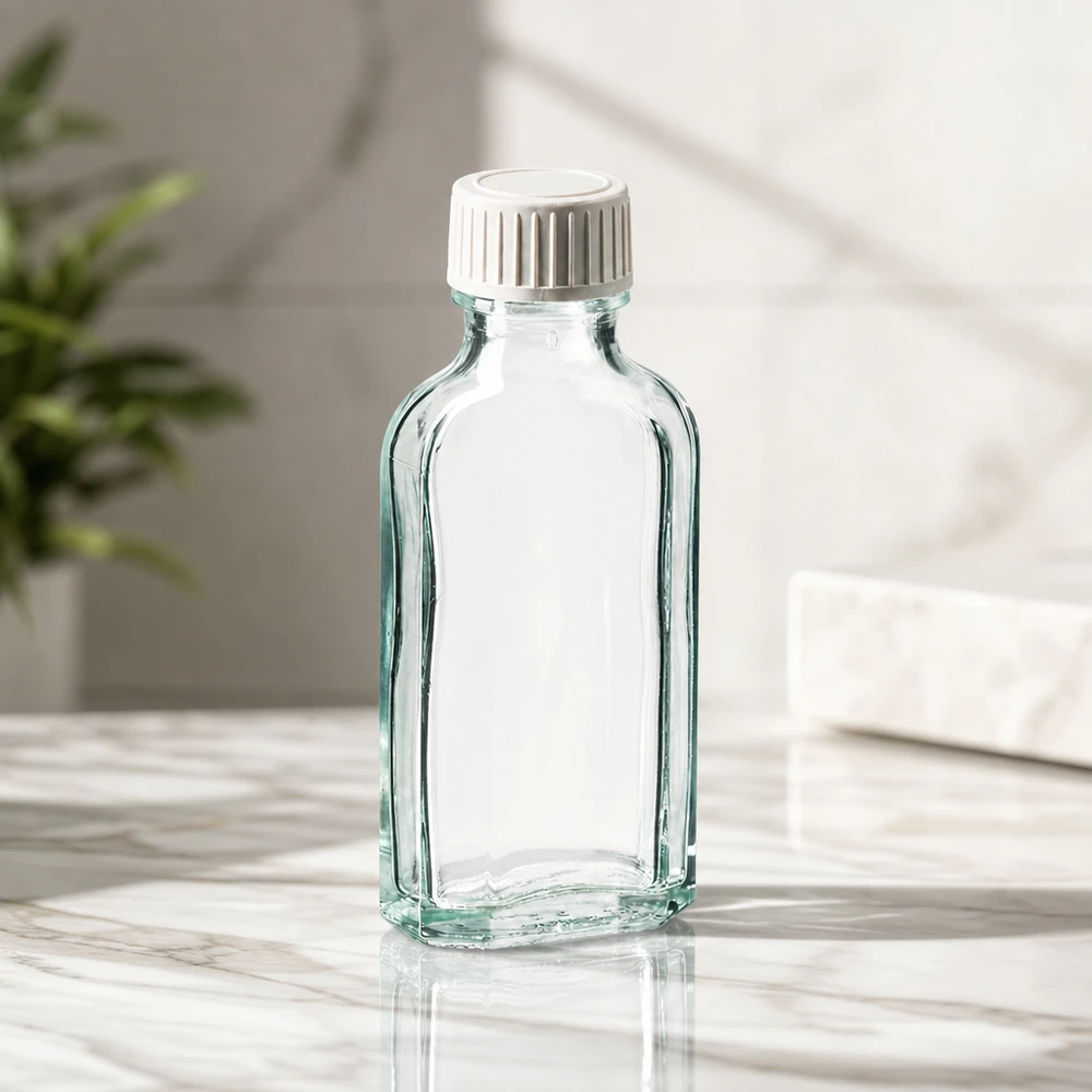 Tom, gennemsigtig Meplat-flaske på 50 ml med PE-skumindlæg på marmoreflade