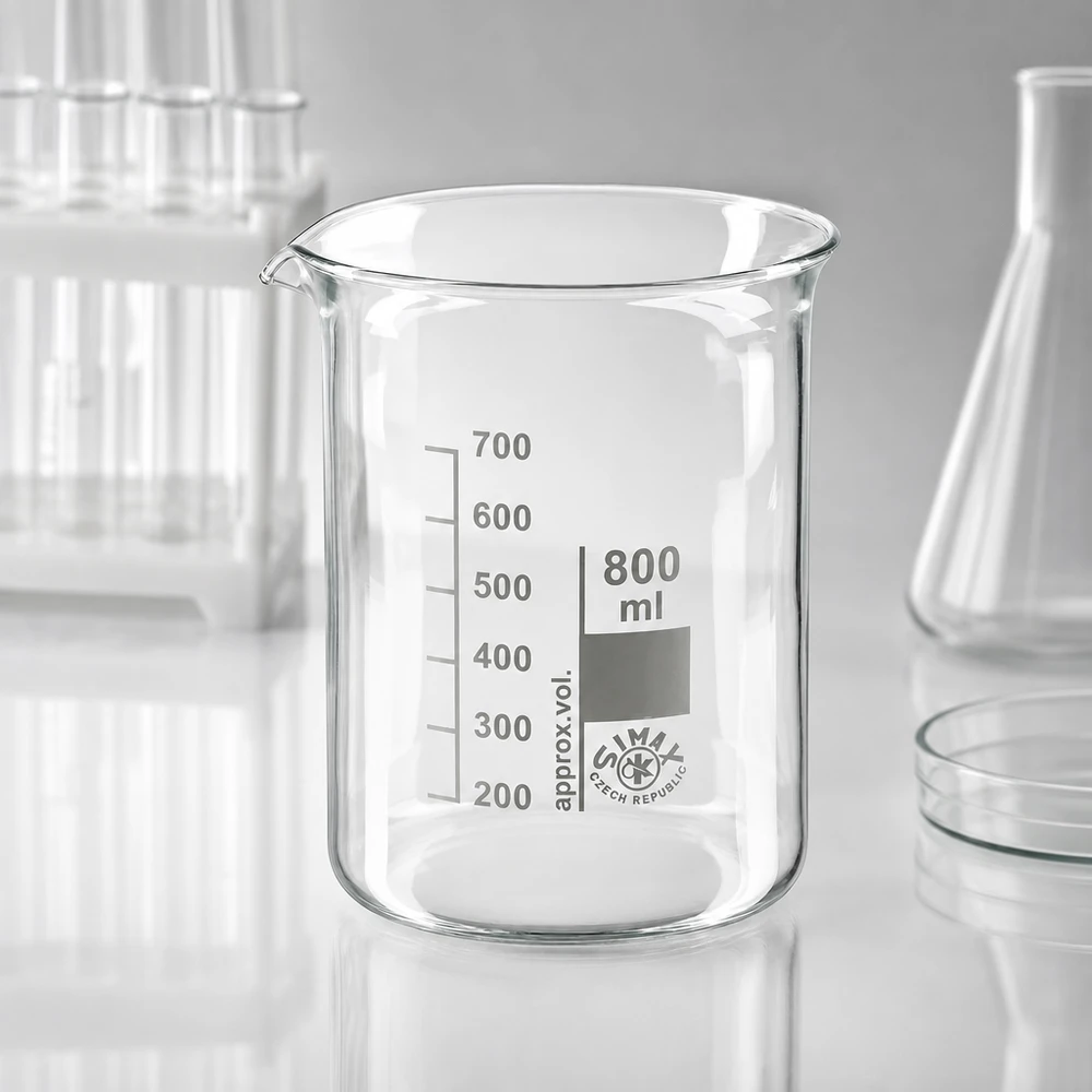 Bægerglas 800 ml borosilikatglas, lav form Gennemsigtigt 800 ml borosilikatglasbæger med tydelig milliliterskala til nøjagtige målinger