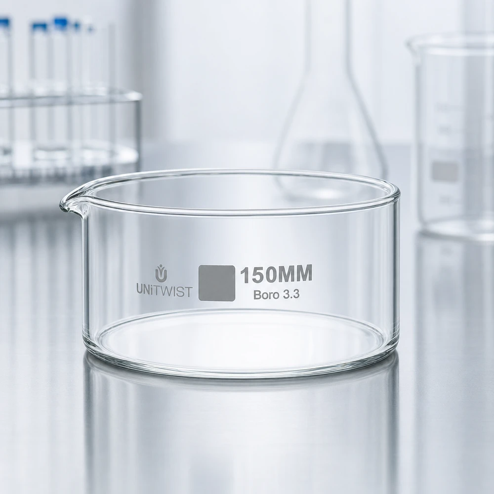 Krystalliseringsskål ø150mm borosilikatglas UNiTWIST Krystalliseringsskål 150 mm UNiTWIST Boro 3.3, klart borosilikatglas, varmebestandigt og kemikaliebestandigt