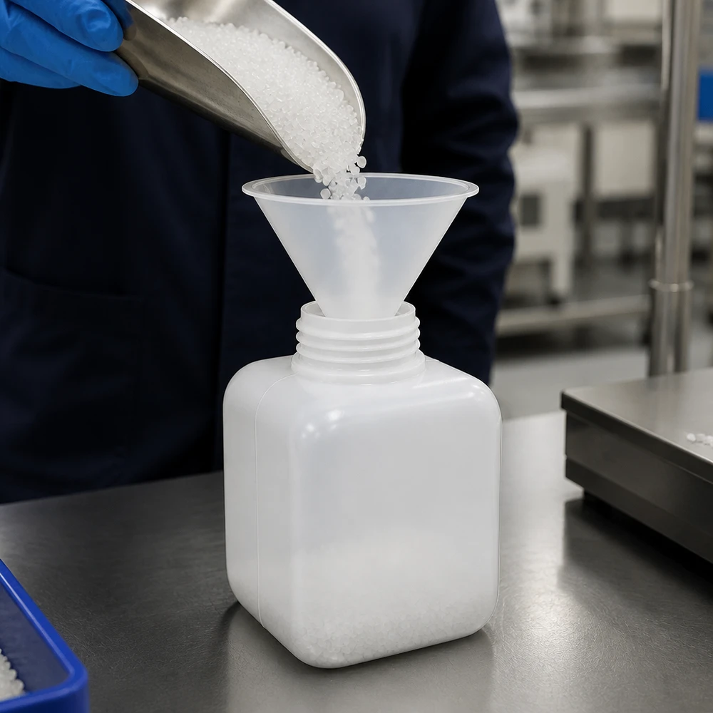 Kemikalieflaske 250 ml, bred hals fremstillet af PE-HD, naturfarve, GL 50 PE-HD-flaske 250 ml, bred hals, laboratoriebrug, pulvergranulat, påfyldning, blå beskyttelseshandsker