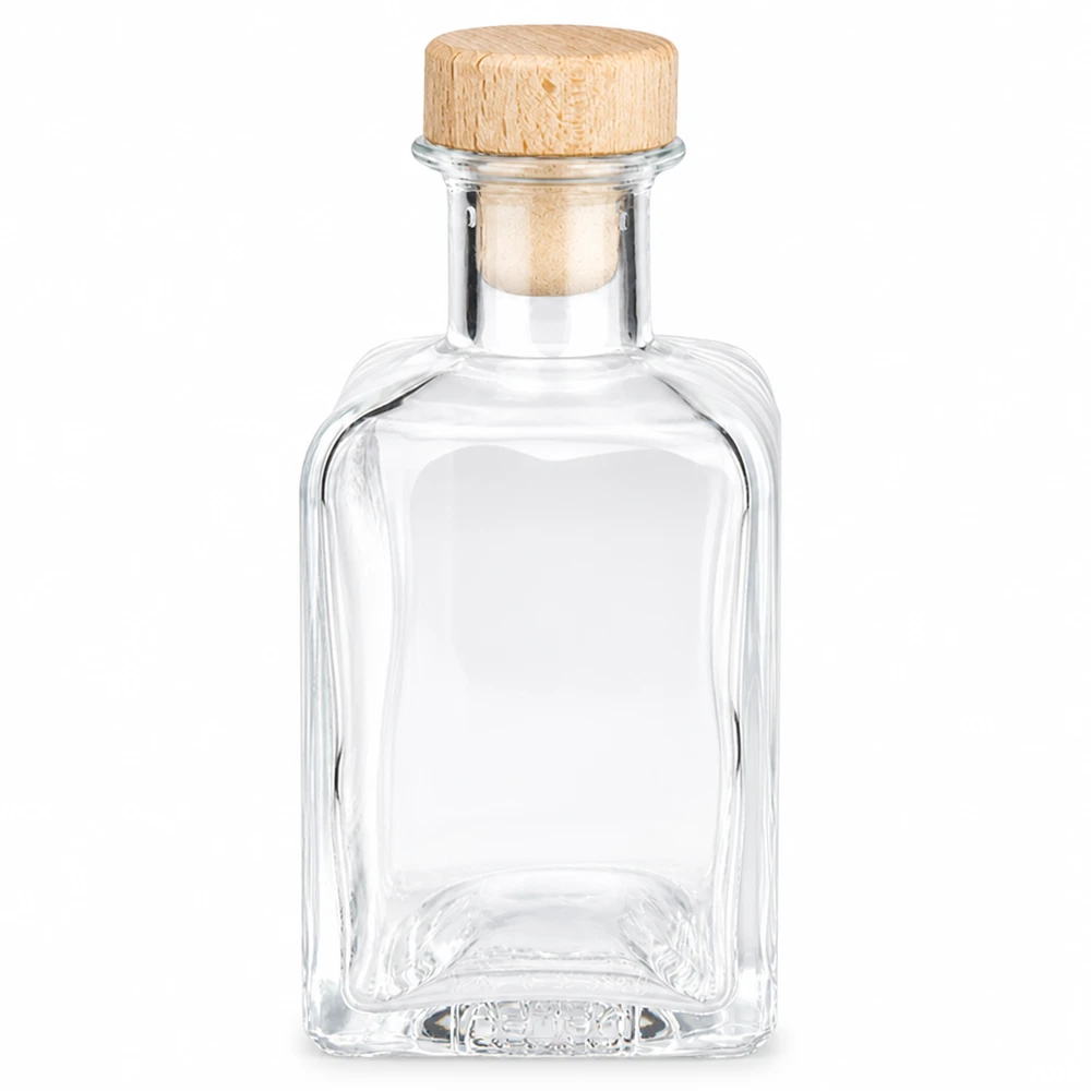 200 ml apoteksflaske »Clara« med træhåndtag og prop UNiTWIST® 200 ml glasflaske Clara med trækork tom gennemsigtig rektangulær korkprop dekorativ flaske