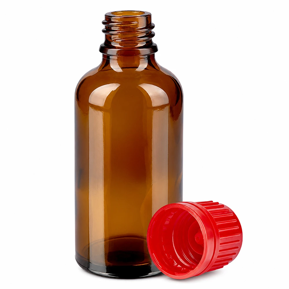 50 ml flaske 11 mm SV rød OV BrownLine UT18/50 50 ml ravfarvet glasflaske med 11 mm gevind og rødt skruelåg til medicin og dråber