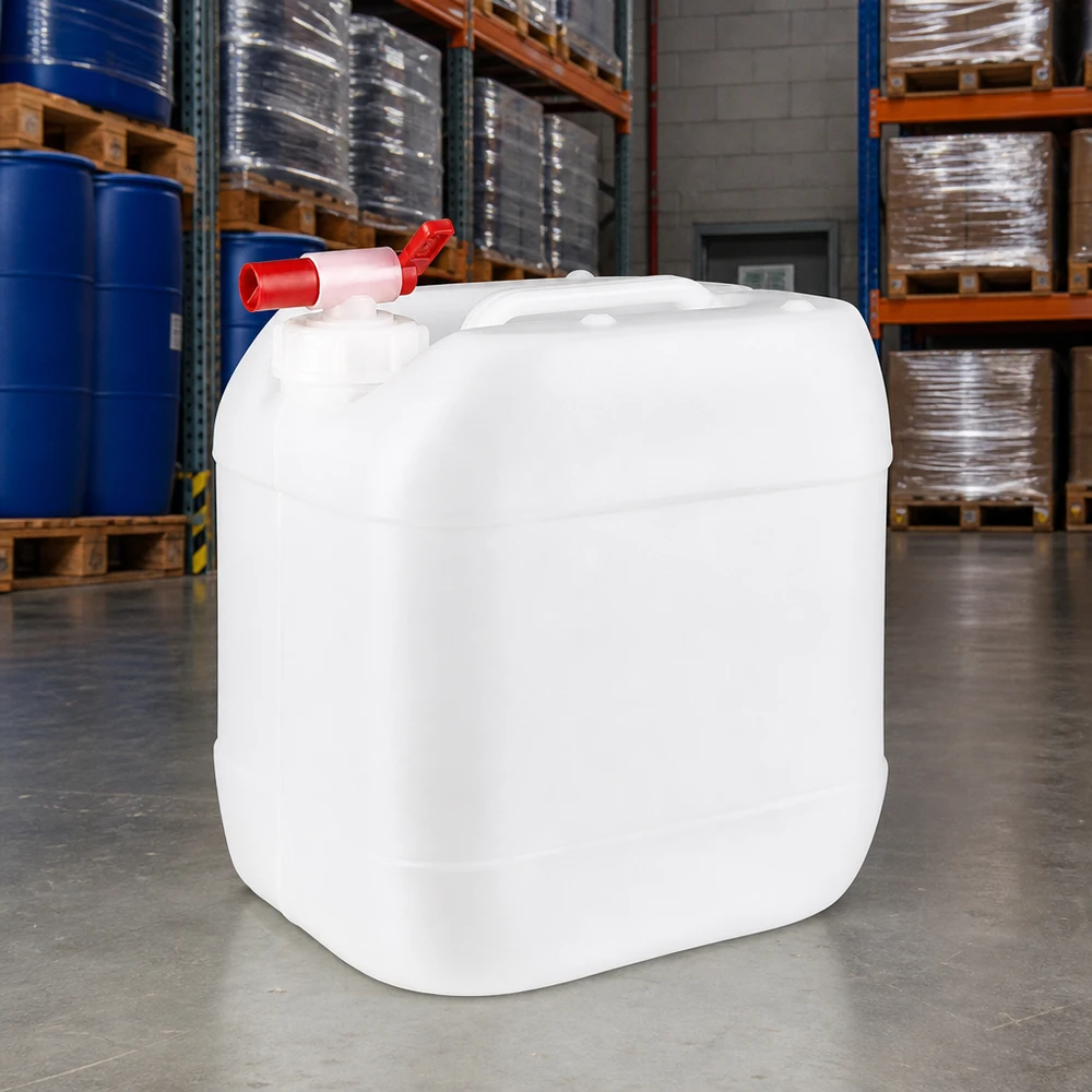 Fødevaregodkendt 15-liters plastdunk med taphane i et hvidt lagerlokale