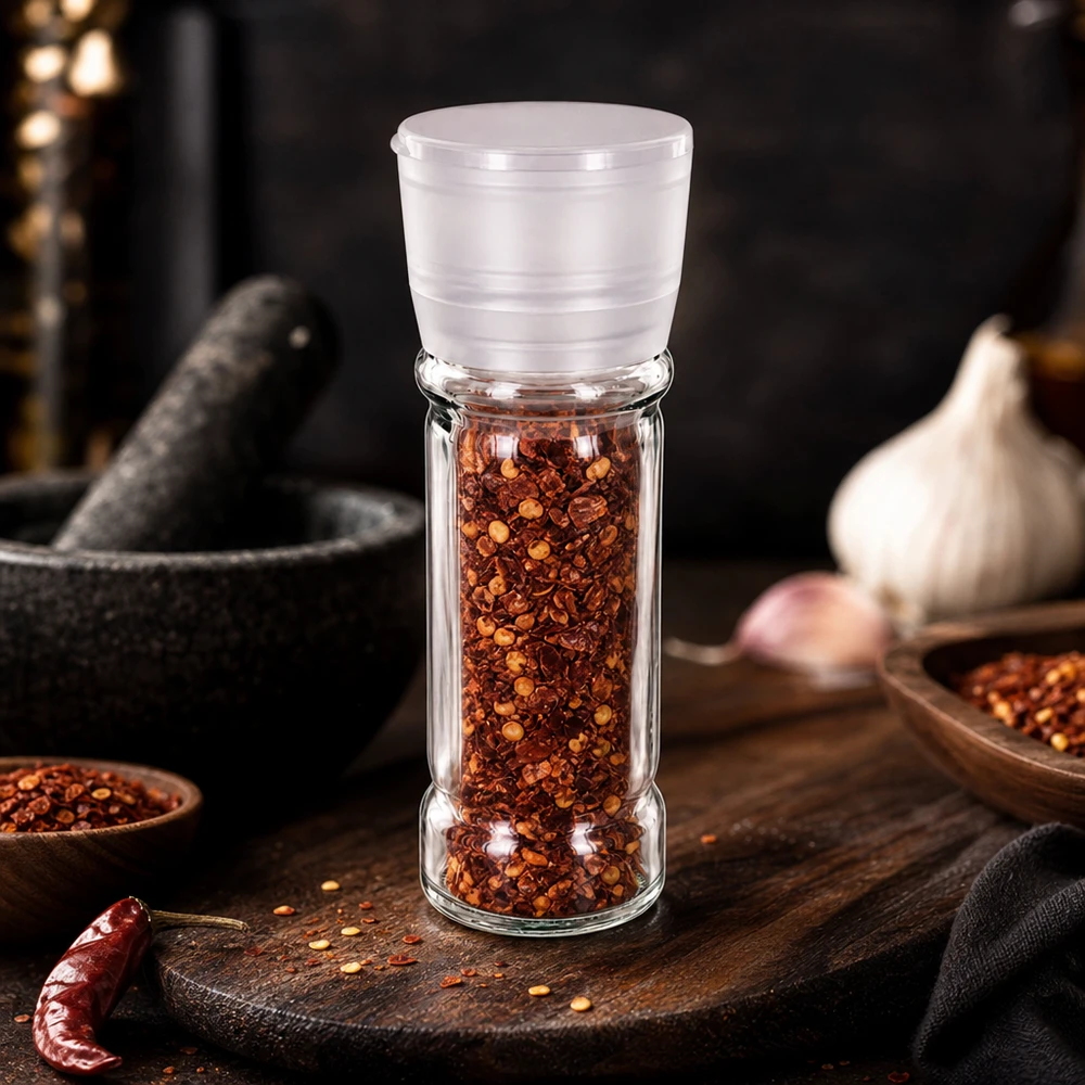 Gennemsigtig krydderibeholder af glas på 100 ml med hvid kværn, fyldt med røde chiliflager og frø