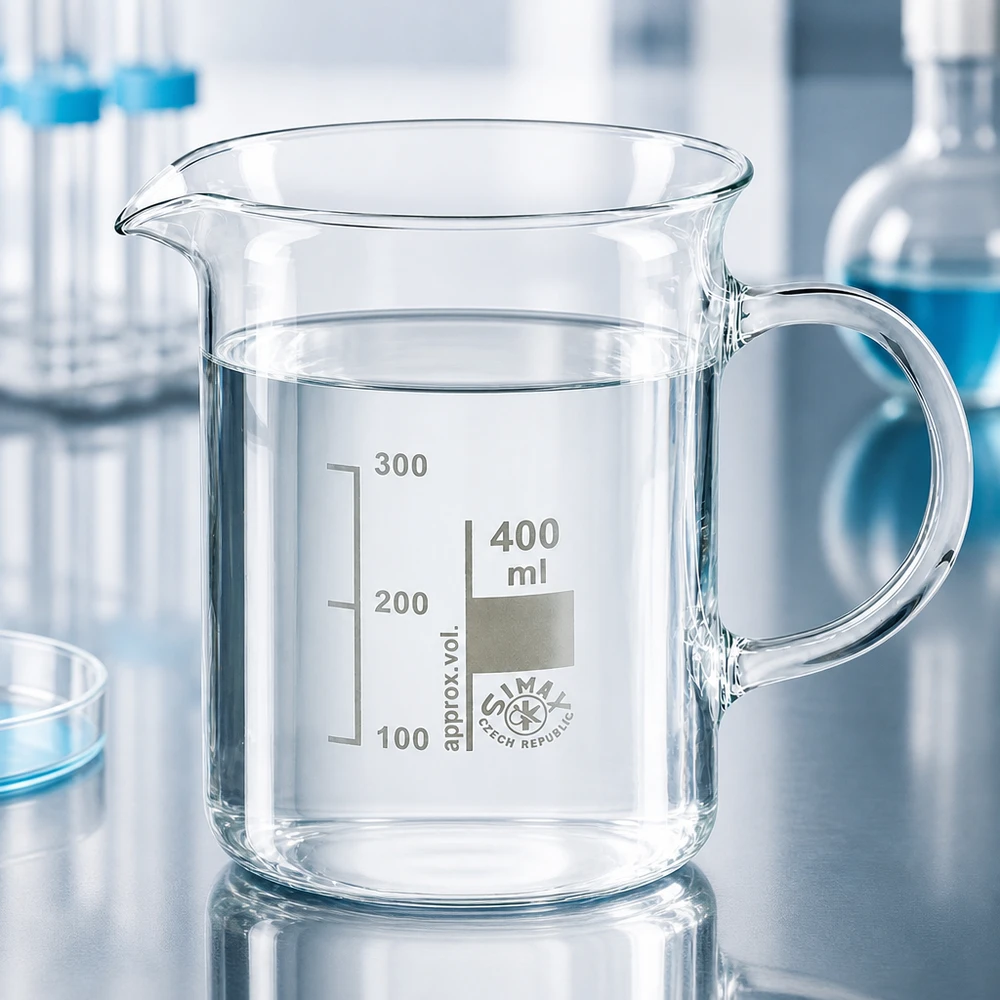 Bægerglas 400 ml borosilikatglas, med håndtag Gennemsigtigt laboratoriebæger på 400 ml med hank og hældetud, fremstillet af temperaturbestandigt borosilikatglas