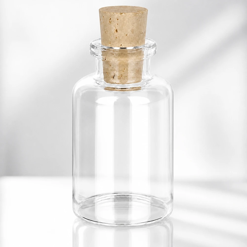 Flaske klart glas 30ml med kork 11/14mm Glasflasche mit breitem Korpus 30ml und konischem Korken 11/14mm aus natürlichem Material