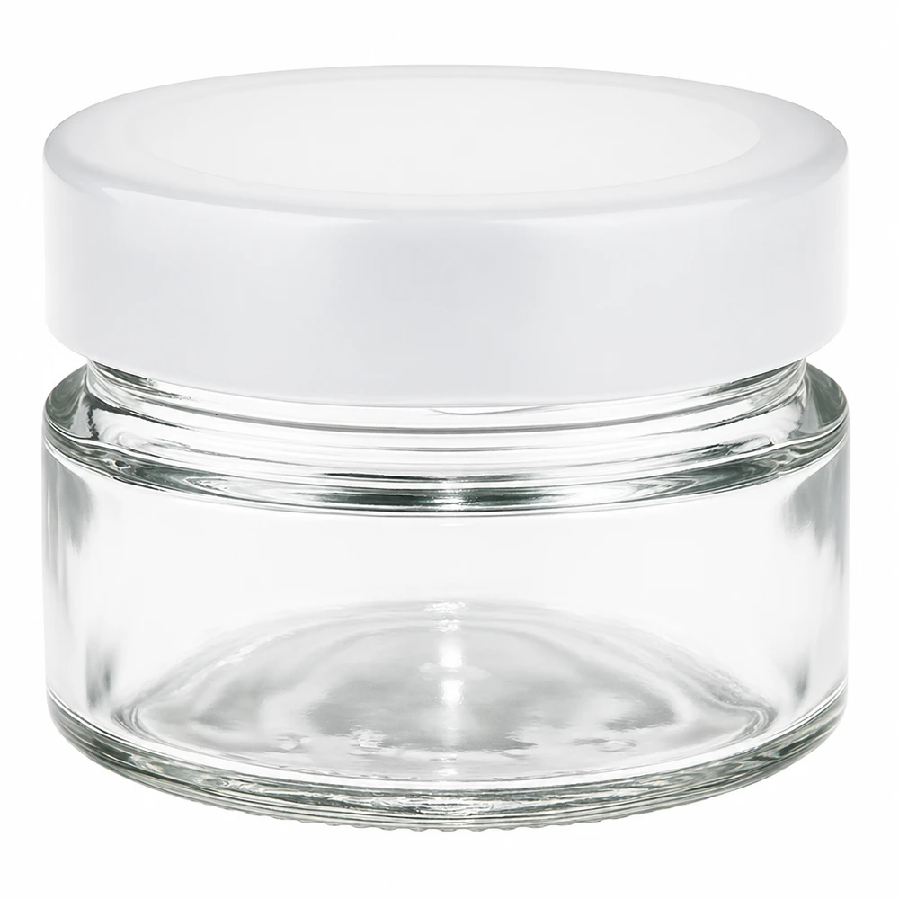 80 ml rund krukke med BasicSeal-låg hvid dyb UNiTWIST 80 ml rund krukke med hvidt BasicSeal-låg - gennemsigtig glasbeholder til kosmetik og opbevaring